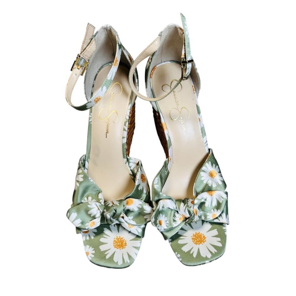 Jessica Simpson Delirah 8.5 Floral Wedge Rattan Daisy Picnic Bow Woven Heel - Picture 3 of 8